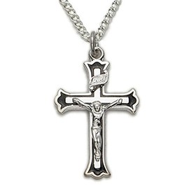 TrueFaithJewelry Sterling Silver Crucifix Cross Pendant Necklace with Black Enamel Border Religious Jewelry, 1 Inch