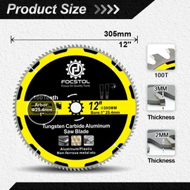 FOCSTOL 12 Inch Aluminum Cutting Circular Saw Blade - 100 Tooth TCG Non-Ferrous Metal Cutting Blade with 1 Inch Arbor