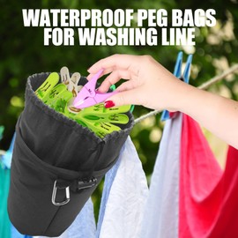 Huipalon Black Peg Bag for Washing Line with Hanger 20×28Cm Waterproof Clothes Peg Bag with Drawstring & Carabiner Hold Up to 200 Pegs Bucket Trim Peg Bags 7.8×11 Inch