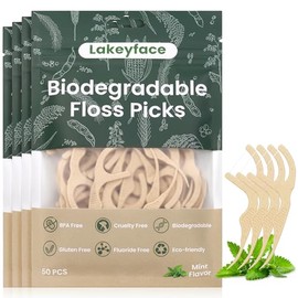 Lakeyface Palillos de hilo dental biodegradables de 200 unidades, palillos de hilo dental ecológicos de origen vegetal para adultos, palillos de hilo dental resistentes al desgarro con mangos anchos