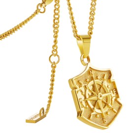murtoo Necklace for Men, Stainless Steel Mens Necklace with Compass, Apple Shield Coin Pendant Necklace, Gift Idea for Men Women, 2" Adjustable Curb Chain (Gold-shield, Inches, 20.00)