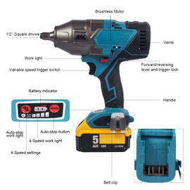 FSYAO 1100 ft-lbs(1500Nm) maximum torque, 20V 1/2 inch cordless impact wrench-brushless, 4-speed adjustment, automatic start and stop.(Host only/Without battery).