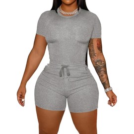 HBQ Womens Two Piece Outfits Summer TrackSuits Crop Tops Biker Short Workout Jogger Sets Grey 2XL