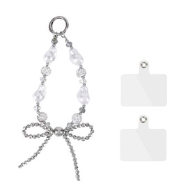 Beaded Phone Wrist Strap, White Cute Bow Knot Beaded Phone Charm Aesthetic Phone Chain Wristlet Anti-Lost Mobile Phone Bracelet Lanyard with 2pcs Tether Tabs for Phone Bag Purse Keychain