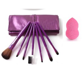 Nesa Makeup Brush Kit with Sleek Pouch and Makeup Sponge, Purple (7 Pieces)