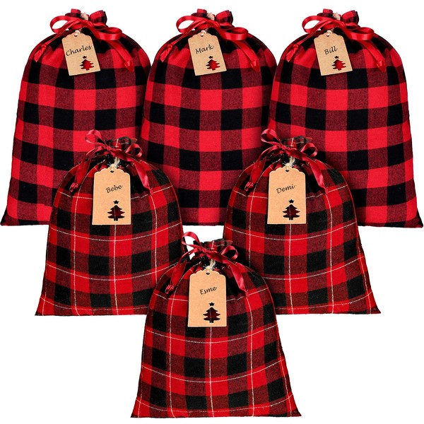 6 Pieces Christmas Drawstring Gift Bags Fabric Plaid Bags with 20 Pieces Kraft Labels Cloth Christmas Bags for Christmas Party Decoration Supplies (Red and Black)