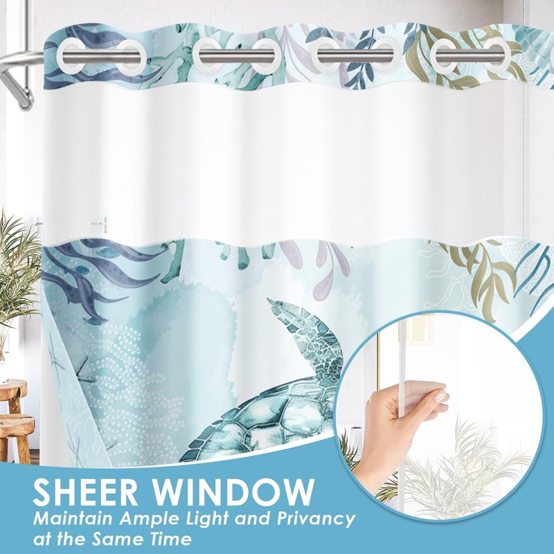 Nesphy No Hook Nautical Blue Sea Turtles Shower Curtain with