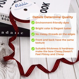 Ribbli Red and Black Gingham Ribbon,3/8 Inches x Continuous 25 Yards,100% Polyester Woven Edge,Plaid Ribbon,Check Ribbon,Buffalo Checked