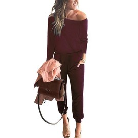 PRETTYGARDEN Women's Casual Long Sleeve Jumpsuit Crewneck One Off Shoulder Elastic Waist Stretchy Romper (Wine Red,Medium)