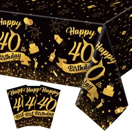 NatNarr 3 Pack 40th Birthday Tablecloth, Plastic Black Gold Table Cloths 40th Birthday Table Cover, Disposable Rectangle Table Cloths for Birthday Party Decorations, 54x108