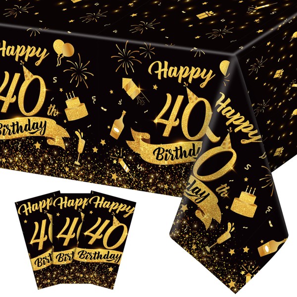 NatNarr 3 Pack 40th Birthday Tablecloth, Plastic Black Gold Table