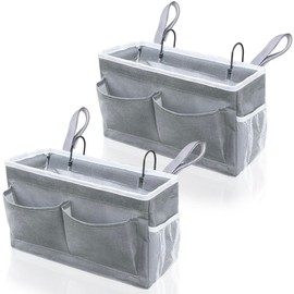 Kanrichu 2pcs Bedside Caddy, 14.6'' Large Storage Organizer, Hanging Bag Holder with Pockets for Bedroom, Loft Bed Tent, Bed Curtain, Top Bunk bed Shelf Accessories (Grey)
