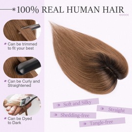 Human Hair Toppers for Women Real Human Hair No Bangs Toppers Hair Pieces for Women with Thinning Hair Upgraded Silk Base 150% Density Clip in Remy Hair Topper 12 inch Ombre Light Brown with Dark Root
