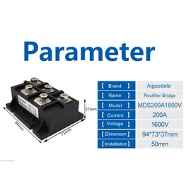 Aigoodele MDS200-16 200A 1600V Three Phase Bridge Rectifier Module, AC to DC Converter for CNC, Motor Drives, Power Supply with Efficient Heat Dissipation