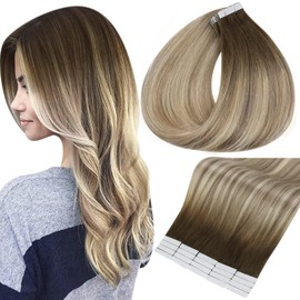 Full Shine Tape in Hair Extensions Human Hair Ombre Balayage Hair Extensions Tape in 3/8/22 Dark Brown Fading To Light Brown and Blonde Highlighted Remy Tape in Extensions 20Pcs 50G 14Inch for Women