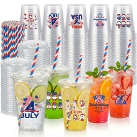 100 Sets 4th of July Party Cups with Lids and Straws Patriotic Clear Plastic Disposable Cups for Independence Day Memorial Day Party Decor Supplies 5Styles, 16 oz
