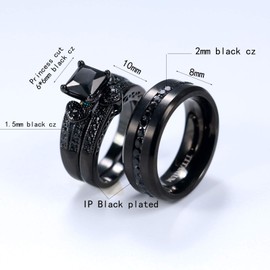 ringheart 2 Rings His and Hers Ring Couple Rings Black Cz Rings Womens Wedding Ring Sets Titanium Steel Mens Wedding Bands, Titanium Steel, Black Plating, Cubic Zirconia