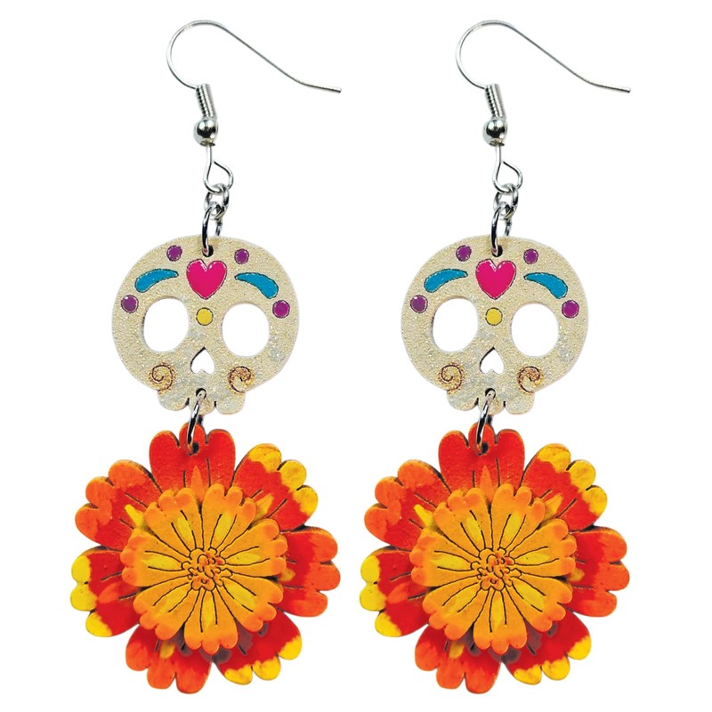 Aretes de Calavera de Dulce y Cempasuchil de Madera Pintado