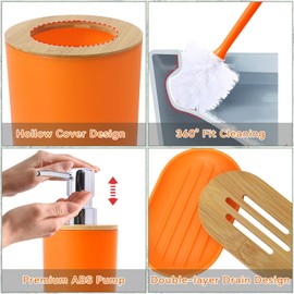 SLDIYWOW 9 Pieces Orange Bathroom Accessory Set, Plastic Bathroom Accessories Set with Trash Can,Soap Dispenser,Toothbrush Holder,Toothbrush Cup,Soap Dish,Toilet Brush and Q-tip Holders for Bathroom