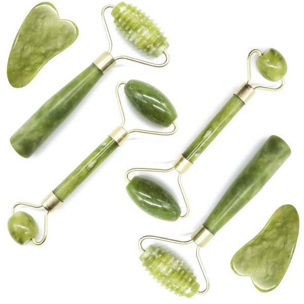 TIHOOD 6PCS Massage Tools Kits, 4 PCS Jade Roller Facial Ridged Roller Kits Skin Roller with 2 Pieces Scraping Massage Tools Anti Aging and Wrinkles for Face, Eye, Neck, Body for Lymphatic Massage