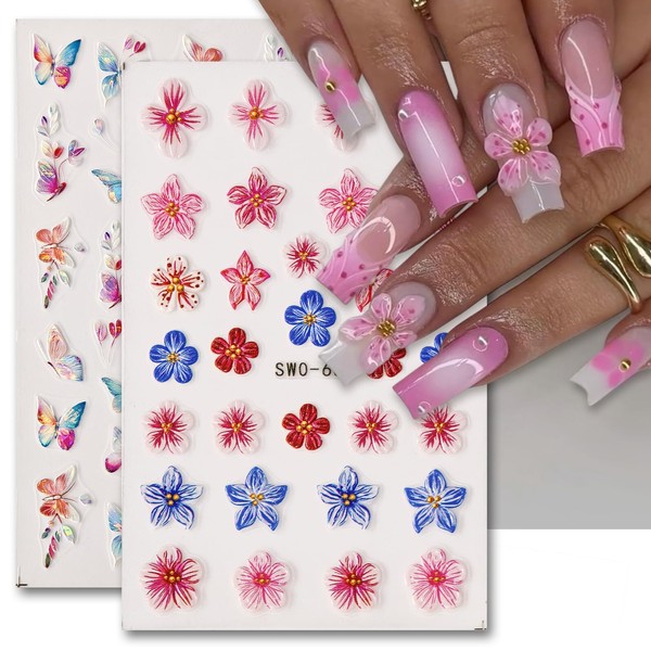 2 Sheets 5D Iridescent Embossed Flower & Butterfly Nail Art
