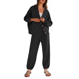 ANRABESS Women 2 Piece Outfits Waffle Knit Long Sleeve Cardigan Set Casual Sweater Pants Lounge Sets 2024 Fall Clothes Black Medium