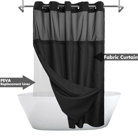 Extra Long No Hook Slub Textured Shower Curtain with Snap-in PEVA Liner Set - 71" x 86"(84"), Hotel Style with See Through Top Window, Black Fabric Curtain & Waterproof Liner, Black, 71x86