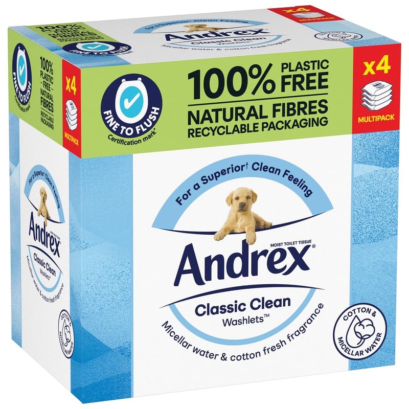 Andrex Classic Clean Washlets Moist Toilet Tissue Quad, 4 x