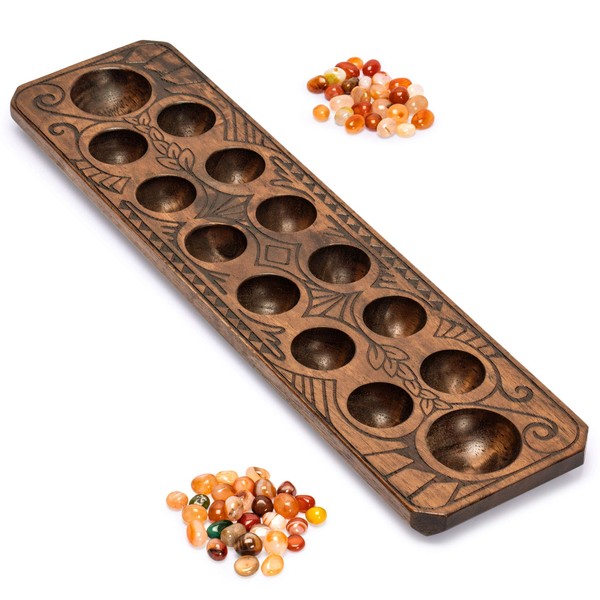Yellow Mountain Imports Mancala Set with 17.3-Inch Solid Wood Board and Quartz Pebble Playing Pieces