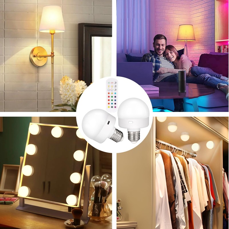 Rechargeable Battery Operated Light Bulb with Remote Control 2 Packs,