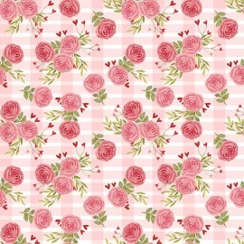 3 Wishes Fabric Hugs Kisses Cotton Fabric 1 Yd Flower Roses Heart Bouquet Pink