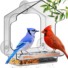 LUJII All One Piece Window Bird Feeder with Strongest Suction Cups, All One Piece No Glue, Lift-Out Tray with Drainage Holes, Large Enough for Larger Birds Like Cardinal or Mocking Birds, Clear