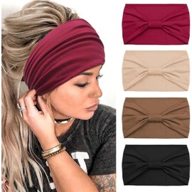 Wide Headbands for Women Non Slip Turban Fashion Hair Bands Sweat-Absorbent Headwrap Solid Color Hair Accessories Yoga Sports Head Bands Multicoloured Headband Elastic Hair Bands, 4 Pcs