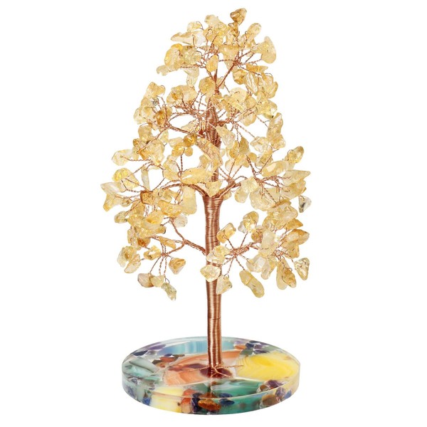 Nupuyai Citrine Crystal Stone Money Tree Wrapped on Round Orgone Agate Slices Base, Tree of Life Crystal Bonsai Feng Shui Figurine Decor for Wealth and Luck 6.2-6.7 Inches