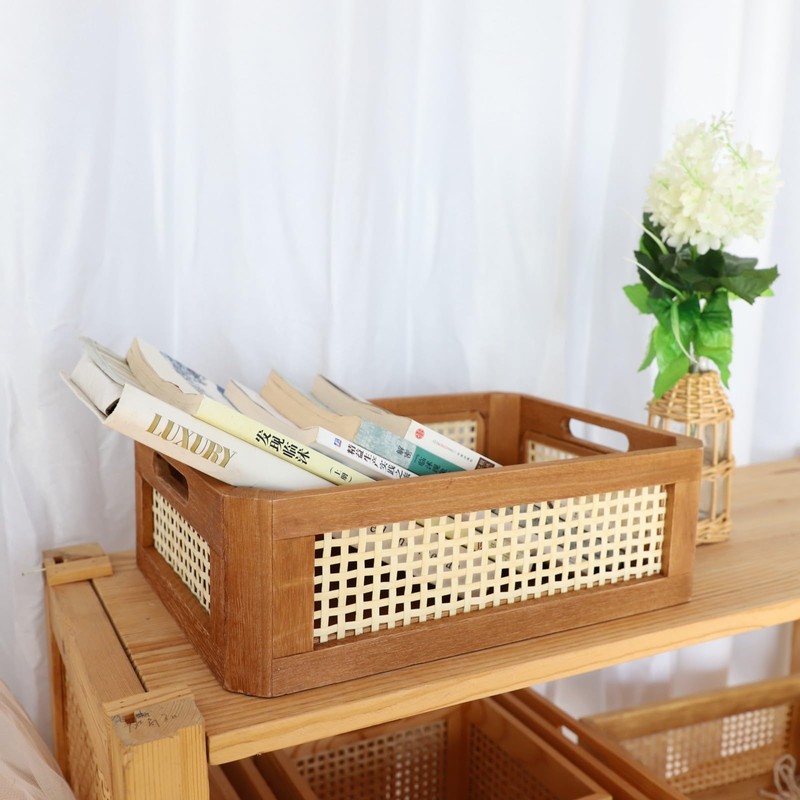YAHUAN Pine Wood Bamboo Woven Frame Square Storage Basket Low
