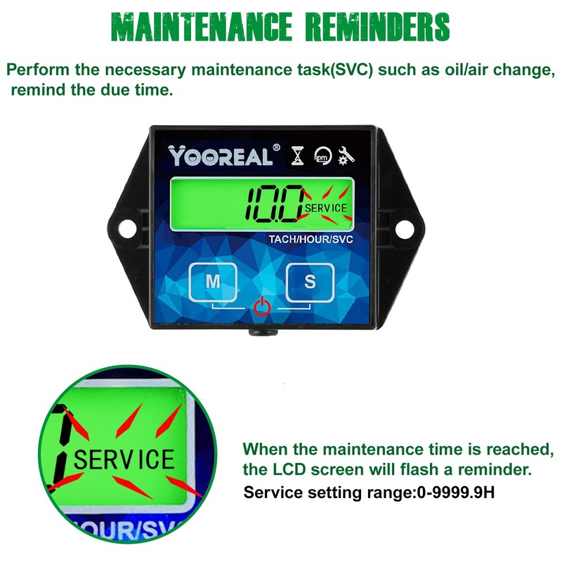 Yooreal Digital Backlight Tachometer Hour Meter,Resettable Hours,Replaceable Battery Engine for