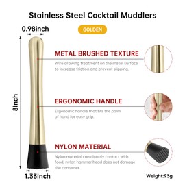 8 Inch Stainless Steel Cocktail Muddler and Mixing Spoon Home Bar Tool Set - Create Delicious Mojitos Old Fashioned/Mint Julep/Other Fruit Based Drinks (Gold)