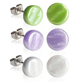 3er Ohrringe Set bunt • Runde Ohrstecker mit Stein in grün, lila, grau • Bunte Perlmutt Ohrringe für Damen • Nachhaltiger Modeschmuck aus Edelstahl & Glas • Ø 8mm