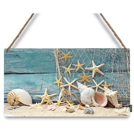Mdulftar Summer Welcome Door Sign Sea Beach Fishing Net Rustic Wooden Hanging Sign 12" x 6" Rectangular for Home Office Farmhouse Outdoor Indoor Décor