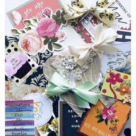 Grab Bag Fabric Lot Of 60 Plus Fabrics Trims Quotes Papers Bows & Ephemera #BG60