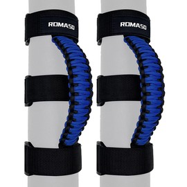 ROMASO Asas de agarre para Jeep Wrangler, asas de agarre de barra enrollable, material de paracaídas, negro/azul, paquete de 2
