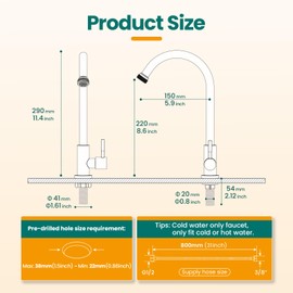 KroBer Cold Water Faucet Only – Brushed Nickel Stainless Steel Single Hole Faucets High Arc Utility Sink Faucet for Kitchen, Bar, Laundry, Outdoor, 3/4'' Thread End Garden Hose Adapter