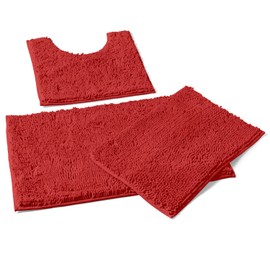 LuxUrux Red Christmas Décor Bathroom Rugs 3pc Set, Includes U-Shaped Contour Toilet Mat, 20 x 30'' and 16 x 24'' Bath Mat, Machine Washable, Red.