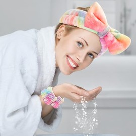 Wteehn 6 diademas y pulseras para lavado de cara, maquillaje, spa, cuidado de la piel, diademas para lavado de cara, juego de herramientas para mujere