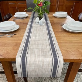 CK Home French Stripe Vinyl Table Runner (71" x 12") Navy/Oatmeal Beige, Durable Reversible Easy to Clean.
