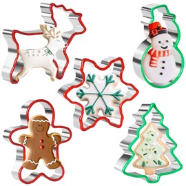 5 Pieces Christmas Cookie Cutter Set Stainless Steel Gingerbread Man,Snowflake,Christmas Tree,Snowman and Reindeer Shape with Soft PVC Edge Xmas Cookie Cutters for Holiday Baking (Christmas)