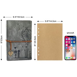 A5 Notebook Refillable, Vintage PU Leather Notebook Travel Journal Diary Acid-Free Paper Classic Embossed Romantic Dandelion Retro Pendants, Gifts for Women/Men, grey