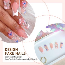 Press on Medium Square Nails French Glossy Full Cover Acrylic Square Shaped False Nails with Butterfly Designs Artificial Fake Nails with Charms Glue ons Nails Stick on Fingernails for Women Girls