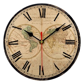 TAHEAT 20 cm Globe World Map Wall Clock, Small Vintage Country House Style Clock, No Ticking Noise, Retro Wall Clocks for Kitchen, Living Room, Bedroom, Bathroom