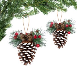 6 Pieces Natural Pinecone Ornaments for Christmas Tree Fall Mini Rustic Pine Cone Hanging Ornament Christmas Tree Decorations Small Thanksgiving Ornament with Pine Needle Berry for DIY Crafts Wedding